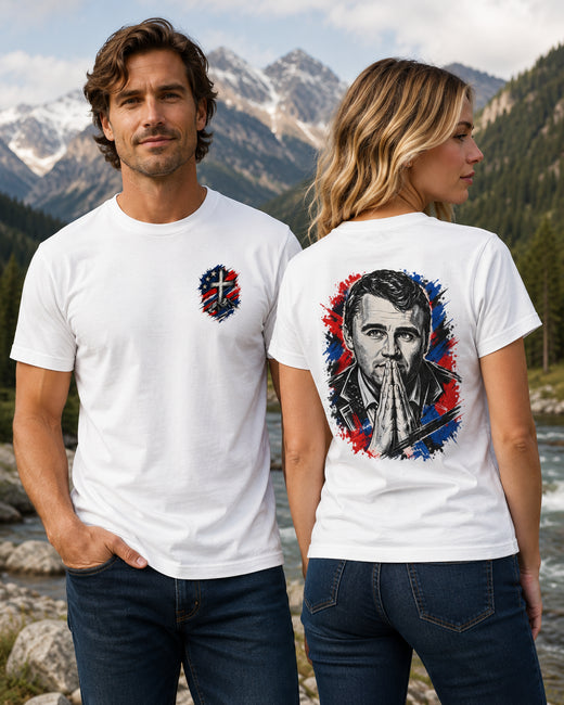 Charlie Kirk Inspired T-Shirt | Charlie Kirk in Prayer — Abstract Faith & Flag Portrait Tee | CFVM | Liberty & Victory Co.