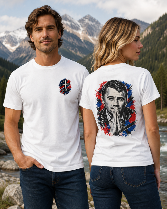 Charlie Kirk in Prayer — Abstract Faith & Flag Portrait Tee