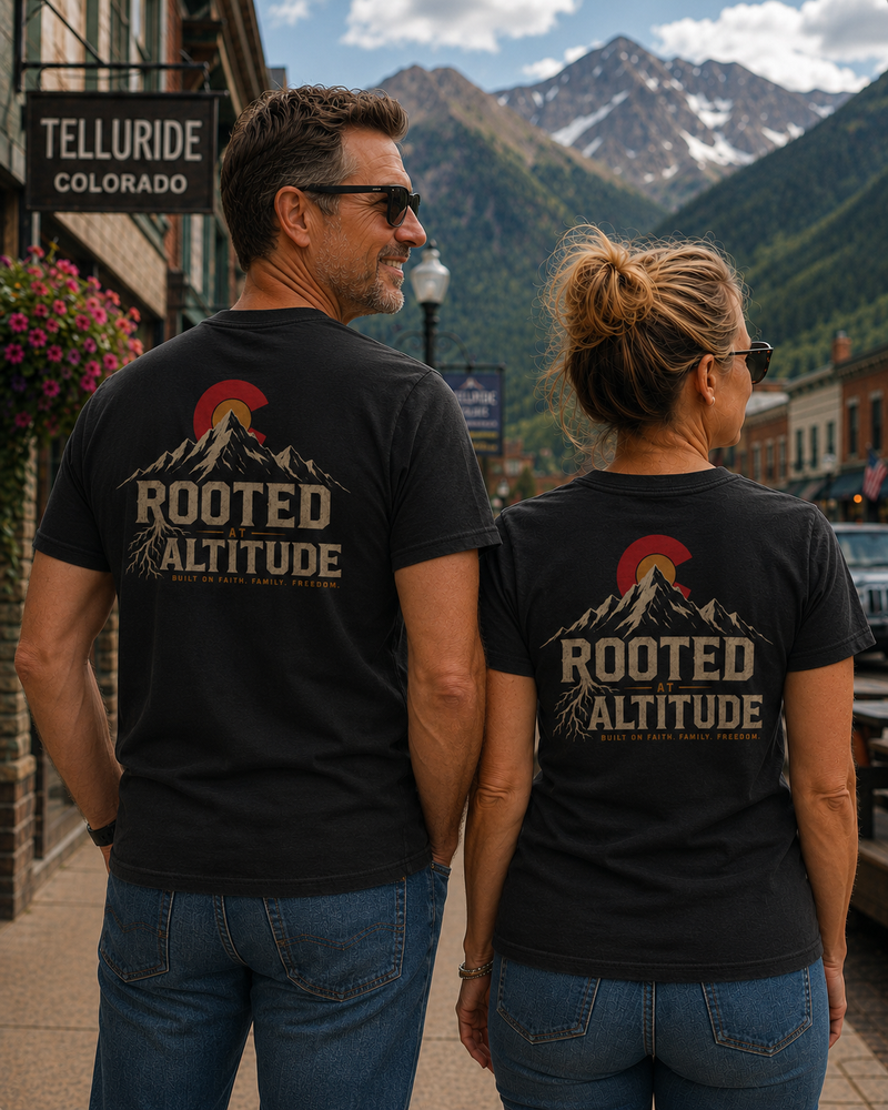 Mountain Faith | Rooted at Altitude — Garment-Dyed Heritage Tee Colorado C Mountain Graphic | Veteran-Owned Small Business | Liberty & Victory Co.