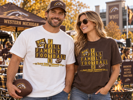 Faith & Sport | Fall Family Football — T-Shirt Faith Runs Through It-Western Michigan Edition | Veteran-Owned Small Business | Liberty & Victory Co.