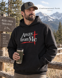 Christian | Away from Me — Faith Graphic Hoodie Cross Mt. 4:10 | Veteran-Owned Small Business | Liberty & Victory Co.