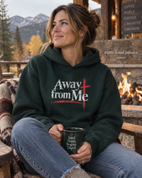Christian | Away from Me — Faith Graphic Hoodie Cross Mt. 4:10 | Veteran-Owned Small Business | Liberty & Victory Co.