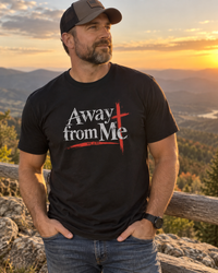 Christian | Away From Me — T-Shirt Mt. 4:10 Cross Scripture | Bible Verse Faith Tee | Veteran-Owned Small Business | Liberty & Victory Co.