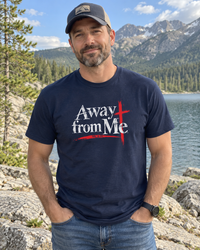 Christian | Away From Me — T-Shirt Mt. 4:10 Cross Scripture | Bible Verse Faith Tee | Veteran-Owned Small Business | Liberty & Victory Co.