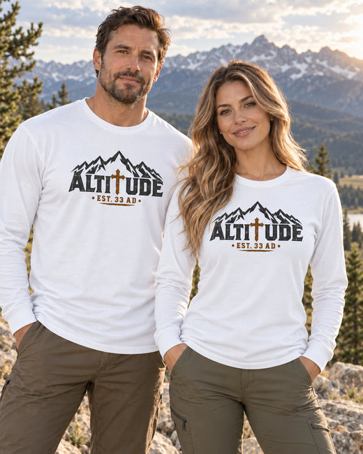 Mountain Faith | Altitude Est. 33 AD — Heritage Garment-Dyed Long Sleeve Mountain Cross Graphic | Veteran-Owned Small Business | Liberty & Victory Co.