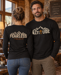 Mountain Faith | Fearless Since 33 AD — Front + Back Long Sleeve Altitude Cross Mountain Graphic | Veteran-Owned Small Business | Liberty & Victory Co.