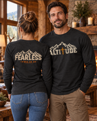 Mountain Faith | Fearless Since 33 AD — Front + Back Long Sleeve Altitude Cross Mountain Graphic | Veteran-Owned Small Business | Liberty & Victory Co.