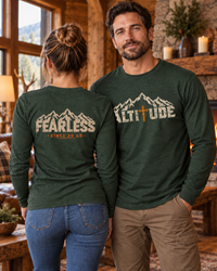 Mountain Faith | Fearless Since 33 AD — Front + Back Long Sleeve Altitude Cross Mountain Graphic | Veteran-Owned Small Business | Liberty & Victory Co.