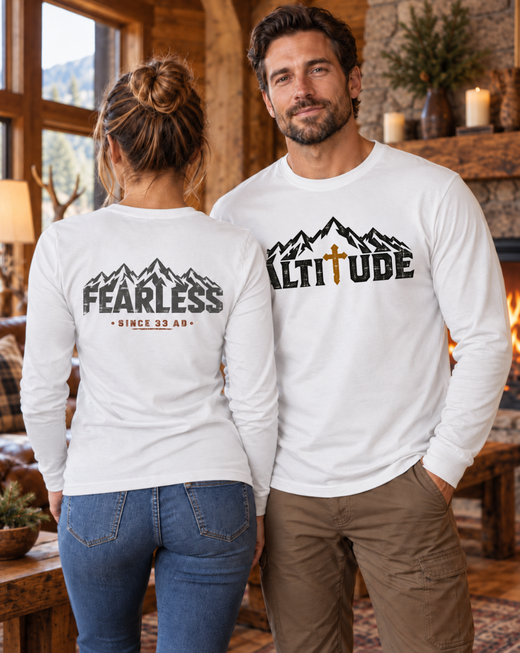 Mountain Faith | Fearless Since 33 AD — Front + Back Long Sleeve Altitude Cross Mountain Graphic | Veteran-Owned Small Business | Liberty & Victory Co.