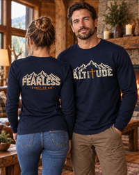 Mountain Faith | Fearless Since 33 AD — Front + Back Long Sleeve Altitude Cross Mountain Graphic | Veteran-Owned Small Business | Liberty & Victory Co.