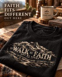 Mountain Faith | Walk By Faith — Mountain Faith T-Shirt Vintage Etched Mountain Graphic | Veteran-Owned Small Business | Liberty & Victory Co.