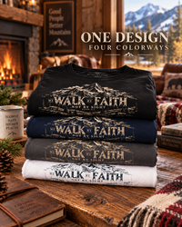 Mountain Faith | Walk By Faith — Mountain Faith T-Shirt Vintage Etched Mountain Graphic | Veteran-Owned Small Business | Liberty & Victory Co.