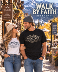 Mountain Faith | Walk By Faith — Mountain Faith T-Shirt Vintage Etched Mountain Graphic | Veteran-Owned Small Business | Liberty & Victory Co.