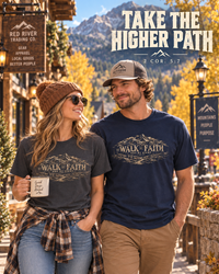 Mountain Faith | Walk By Faith — Mountain Faith T-Shirt Vintage Etched Mountain Graphic | Veteran-Owned Small Business | Liberty & Victory Co.