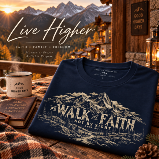 Mountain Faith | Walk By Faith — Mountain Faith T-Shirt Vintage Etched Mountain Graphic | Veteran-Owned Small Business | Liberty & Victory Co.