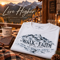 Mountain Faith | Walk By Faith — Mountain Faith T-Shirt Vintage Etched Mountain Graphic | Veteran-Owned Small Business | Liberty & Victory Co.