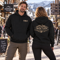 Christian | Walk by Faith — Front + Back Hoodie 2 Cor 5:7 Mountain Scripture Pullover | Veteran-Owned Small Business | Liberty & Victory Co.