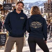 Christian | Walk by Faith — Front + Back Hoodie 2 Cor 5:7 Mountain Scripture Pullover | Veteran-Owned Small Business | Liberty & Victory Co.