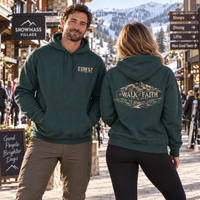 Christian | Walk by Faith — Front + Back Hoodie 2 Cor 5:7 Mountain Scripture Pullover | Veteran-Owned Small Business | Liberty & Victory Co.