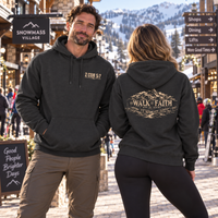 Christian | Walk by Faith — Front + Back Hoodie 2 Cor 5:7 Mountain Scripture Pullover | Veteran-Owned Small Business | Liberty & Victory Co.