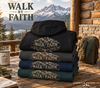 Christian | Walk by Faith — Front + Back Hoodie 2 Cor 5:7 Mountain Scripture Pullover | Veteran-Owned Small Business | Liberty & Victory Co.
