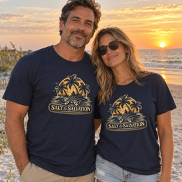 Coastal Faith | Salt & Salvation — T-Shirt Tropical Palm Island Sunset Graphic | Veteran-Owned Small Business | Liberty & Victory Co.