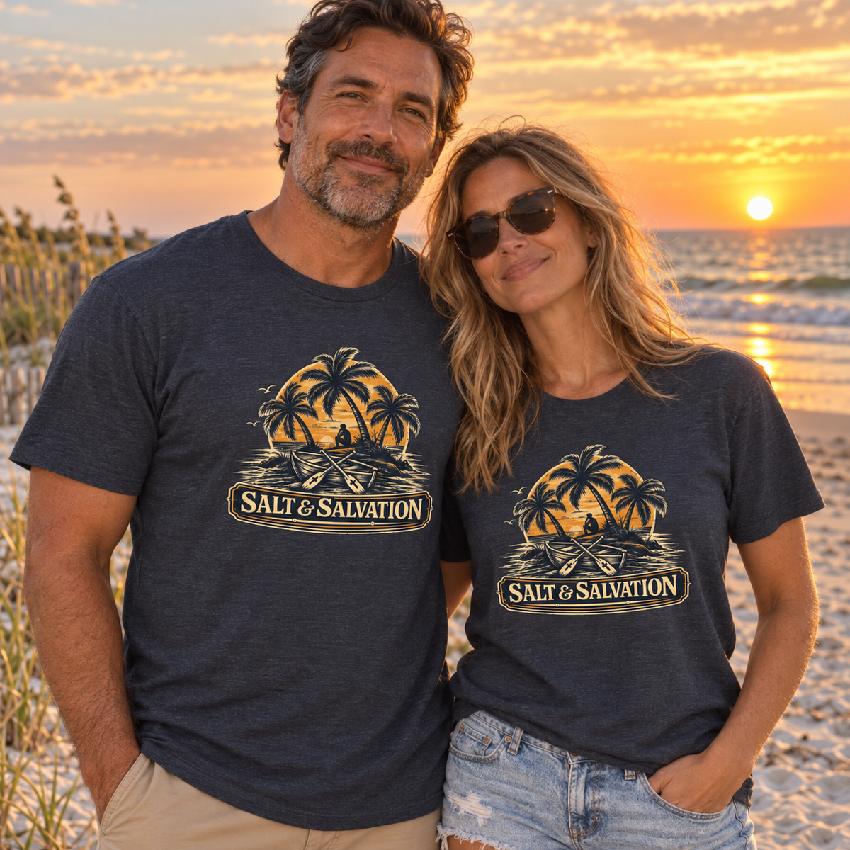 Coastal Faith | Salt & Salvation — T-Shirt Tropical Palm Island Sunset Graphic | Veteran-Owned Small Business | Liberty & Victory Co.