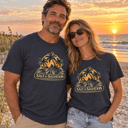 Coastal Faith | Salt & Salvation — T-Shirt Tropical Palm Island Sunset Graphic | Veteran-Owned Small Business | Liberty & Victory Co.