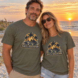 Coastal Faith | Salt & Salvation — T-Shirt Tropical Palm Island Sunset Graphic | Veteran-Owned Small Business | Liberty & Victory Co.