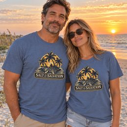 Coastal Faith | Salt & Salvation — T-Shirt Tropical Palm Island Sunset Graphic | Veteran-Owned Small Business | Liberty & Victory Co.