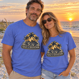 Coastal Faith | Salt & Salvation — T-Shirt Tropical Palm Island Sunset Graphic | Veteran-Owned Small Business | Liberty & Victory Co.