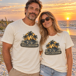 Coastal Faith | Salt & Salvation — T-Shirt Tropical Palm Island Sunset Graphic | Veteran-Owned Small Business | Liberty & Victory Co.