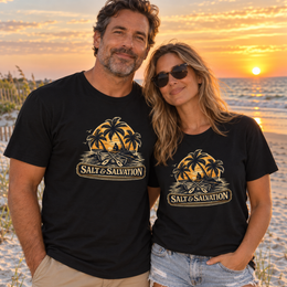 Coastal Faith | Salt & Salvation — T-Shirt Tropical Palm Island Sunset Graphic | Veteran-Owned Small Business | Liberty & Victory Co.