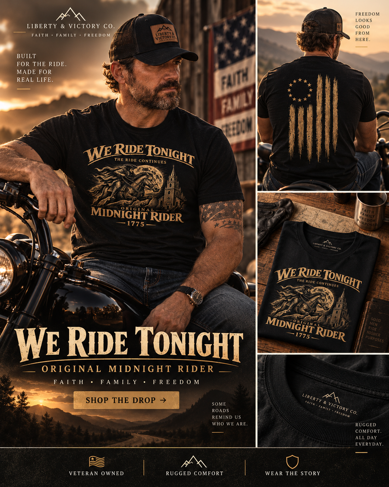 Patriotic Faith | We Ride Tonight — Midnight Rider: The Ride Continues — Premium Front + Back 1775 T-Shirt | Veteran-Owned Small Business | Liberty & Victory Co.