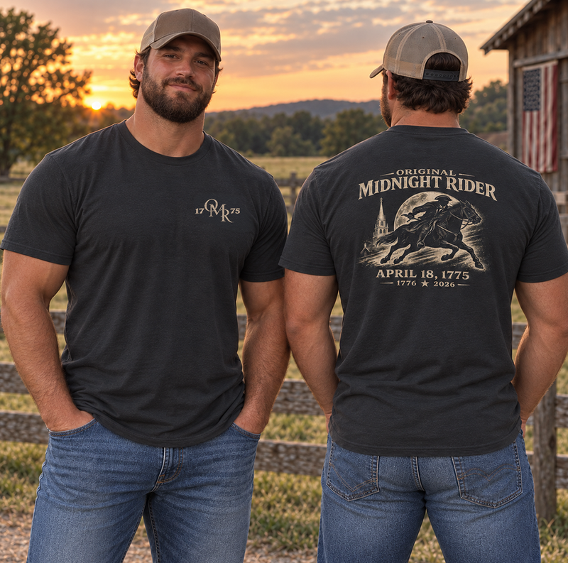 Patriotic | Original Midnight Rider — Big & Tall T-Shirt Front + Back April 18, 1775 Graphic | Veteran-Owned Small Business | Liberty & Victory Co.