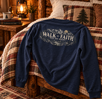 Mountain Faith| Walk by Faith — Long-Sleeve T-Shirt Front + Back Mountain Graphic | Veteran-Owned Small Business | Liberty & Victory Co.