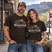 Christian | Walk by Faith — T-Shirt 2 Corinthians 5:7 Mountain Hiker Graphic | Veteran-Owned Small Business | Liberty & Victory Co.