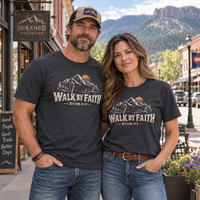 Christian | Walk by Faith — T-Shirt 2 Corinthians 5:7 Mountain Hiker Graphic | Veteran-Owned Small Business | Liberty & Victory Co.