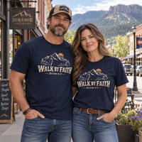 Christian | Walk by Faith — T-Shirt 2 Corinthians 5:7 Mountain Hiker Graphic | Veteran-Owned Small Business | Liberty & Victory Co.