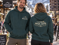 Christian | Walk by Faith — Front + Back Hoodie 2 Cor 5:7 Mountain Scripture Pullover | Veteran-Owned Small Business | Liberty & Victory Co.