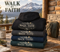 Christian | Walk by Faith — Front + Back Hoodie 2 Cor 5:7 Mountain Scripture Pullover | Veteran-Owned Small Business | Liberty & Victory Co.