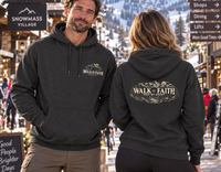 Christian | Walk by Faith — Front + Back Hoodie 2 Cor 5:7 Mountain Scripture Pullover | Veteran-Owned Small Business | Liberty & Victory Co.