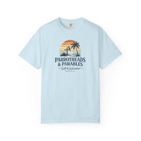 Christian Beach T-Shirt | Parrotheads & Parables Retro Palm Cross Sunset Garment-Dyed Tee | Salt & Salvation | Liberty & Victory