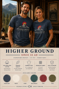 Mountain Faith | Higher Ground — T-Shirt | Colorado Flag Sunset Graphic | Veteran-Owned Small Business | Liberty & Victory Co.