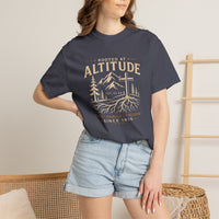 Christian T-Shirt | Rooted at Altitude Faith • Family • Freedom | Cross + Mountain Roots | Wonder & Wander | Signature Line | Veteran-Owned | Liberty & Victory Co.