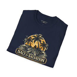Coastal Faith | Salt & Salvation — T-Shirt Tropical Palm Island Sunset Graphic | Veteran-Owned Small Business | Liberty & Victory Co.
