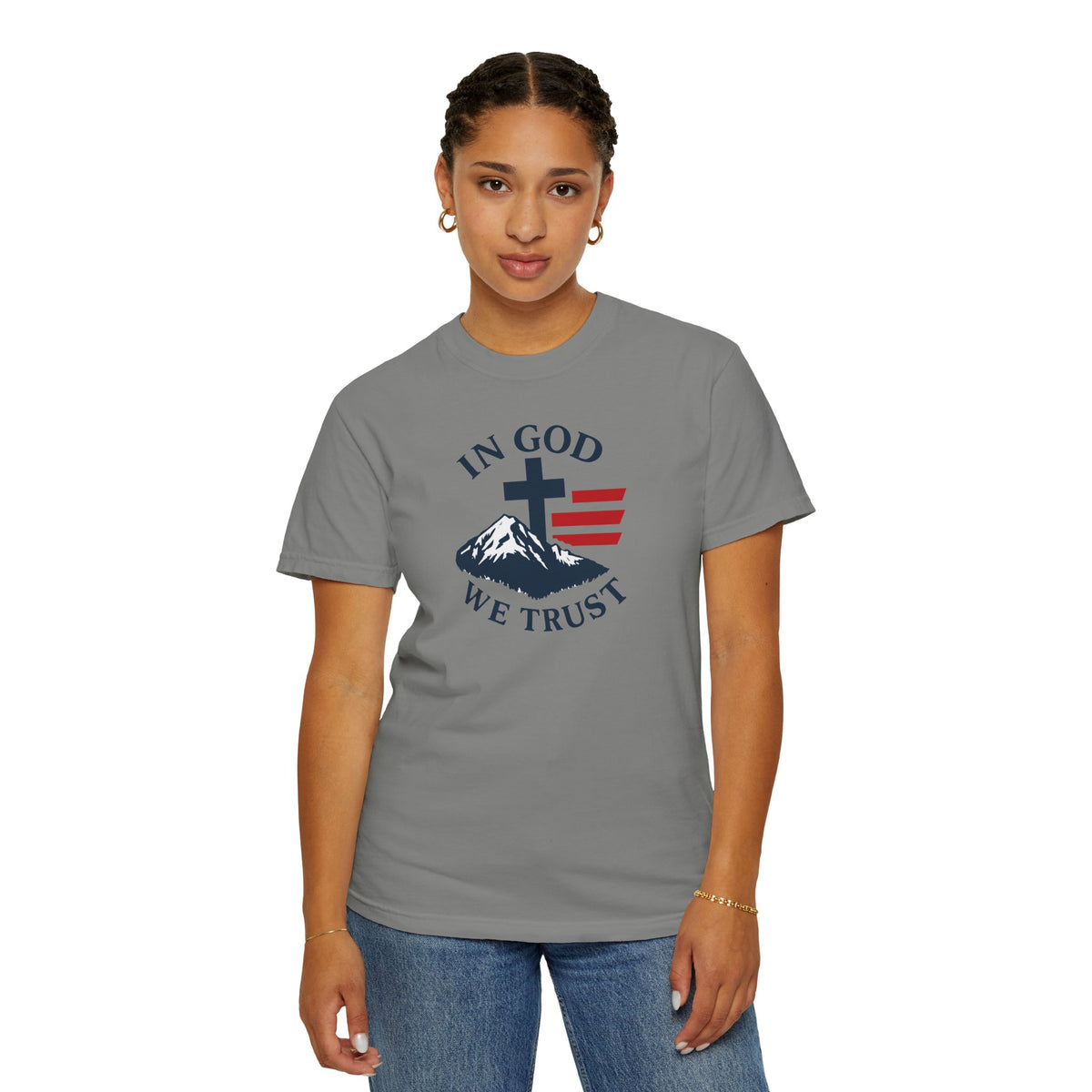 In God We Trust Christian Cross Mountain Tee | Faith Patriotic Shirt