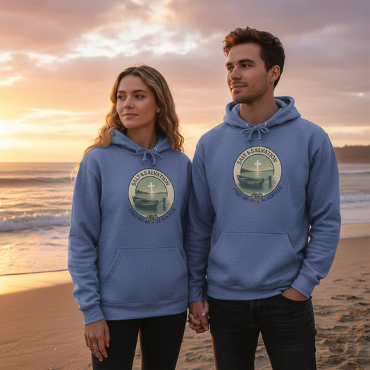 Blue hoodie with a graphic design on the chest against a white background