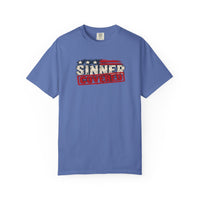 Patriotic Faith | SINNER COVERED — Heritage Garment-Dyed T-Shirt Distressed Americana Flag Faith Declaration | Veteran-Owned Small Business | Liberty & Victory Co.