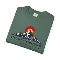 Mountain Faith | Higher Ground — T-Shirt | Colorado Flag Sunset Graphic | Veteran-Owned Small Business | Liberty & Victory Co.